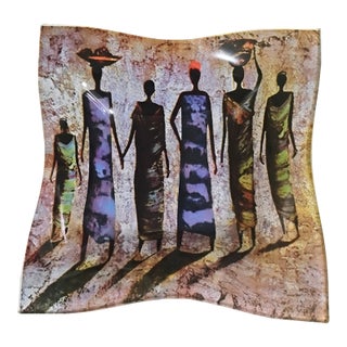 7" African Tribal Motif Fused Glass Decorative Square Dish For Sale