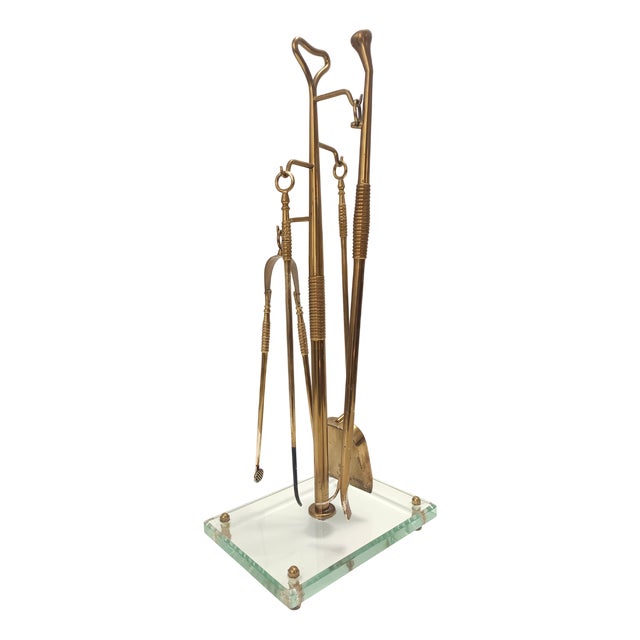 Brass, Iron and Glass Fireplace Tools attributed to Fontana Arte, Italy, 1940s, Set of 4 For Sale