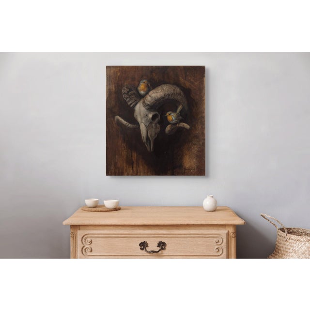 Early 21st Century Echoes of Life by Terra Novak | Oil on wood Skull with birds on a wooden background For Sale - Image 5 of 5