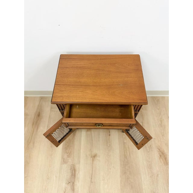 Wood MCM Transitional Nightstand With Iron Grate Doors Single Drawer Vintage Ornate For Sale - Image 7 of 10
