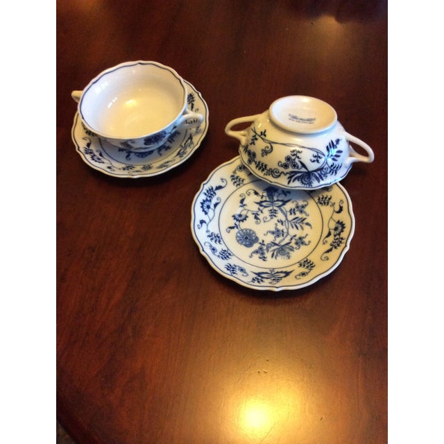 Pair of Blue Danube double handle soup bowl with saucers