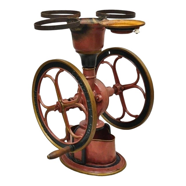 Antique Coles MFG Co Cast Iron Red Green Victorian Large Coffee Mill Grinder For Sale