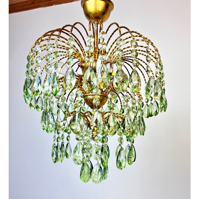 Boho Chic Vintage Crystal Chandelier – 1960s Hand Green Drop Crystals For Sale - Image 3 of 17