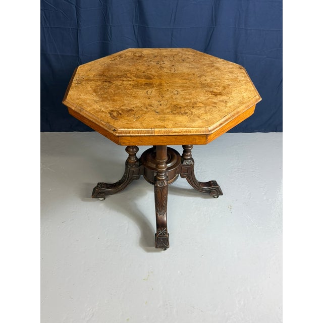 Victorian-Era Octagonal Burr Walnut Centre Table, 1900 For Sale - Image 4 of 15