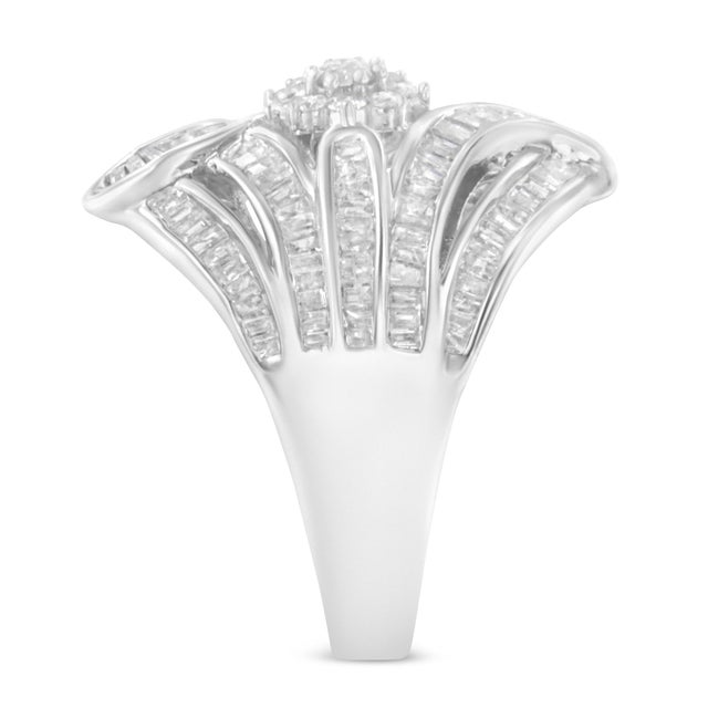 .925 Sterling Silver 1-1/8 Cttw Round & Baguette Diamond 'Flower & Fern' Cluster Cocktail Fashion Ring (I-J Color, I2-I3 Clarity) - Size 8 For Sale In New York - Image 6 of 7