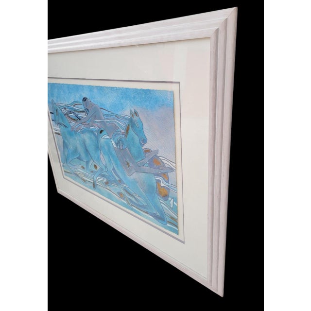 1990s 1990 Yamin Young Signed Limited Edition Serigraph Framed Blue Art Deco "Celadon Horses A" For Sale - Image 5 of 11