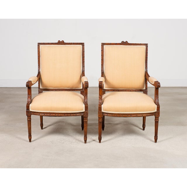 Pair of French Louis XVI Carved Walnut Fauteuil Armchairs For Sale - Image 4 of 17