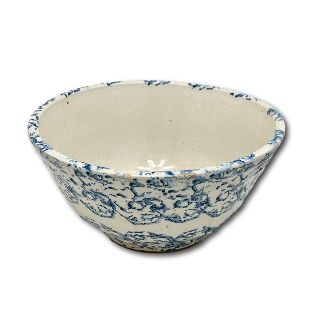 Beautiful Large 12 Inch Size Antique American Blue Spongeware Decorated Stoneware Kitchen Mixing Bowl - 1890s For Sale - Image 13 of 18