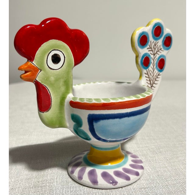 Vibrant and whimsically sculptural, this MCM Italian DeSimone hand-painted ceramic chicken compote showcases the...