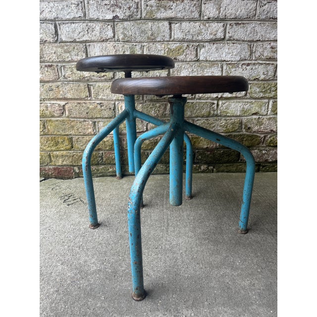 Early 20th Century Pair of Early 20th Century Metal Industrial Stools With Wooden Tops For Sale - Image 5 of 12