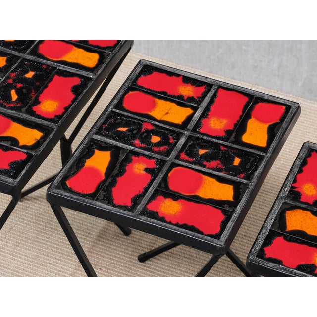 Metal French Modern Nesting Tables with Red and Orange Ceramic Tile Tops, 1950s, Set of 3 For Sale - Image 7 of 15