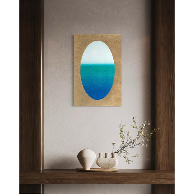A pale oval deepens from soft sky blue at the top into a rich, saturated teal at its base, the gradient built in thin,...