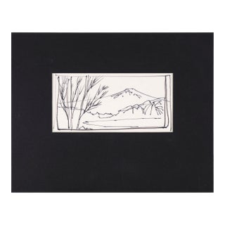 Snow-Capped Mountain Lake - Line Drawing Landscape in Ink on Paper by Laurence Sisson For Sale