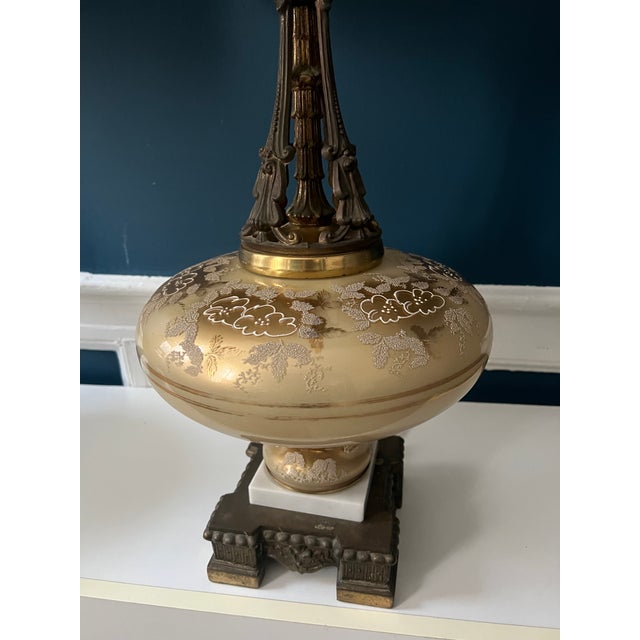 Hollywood Regency Monumental Hollywood Regency Marble, Hand-Painted Glass & Bronze Table Lamps — 40.75” - a Pair For Sale - Image 3 of 18