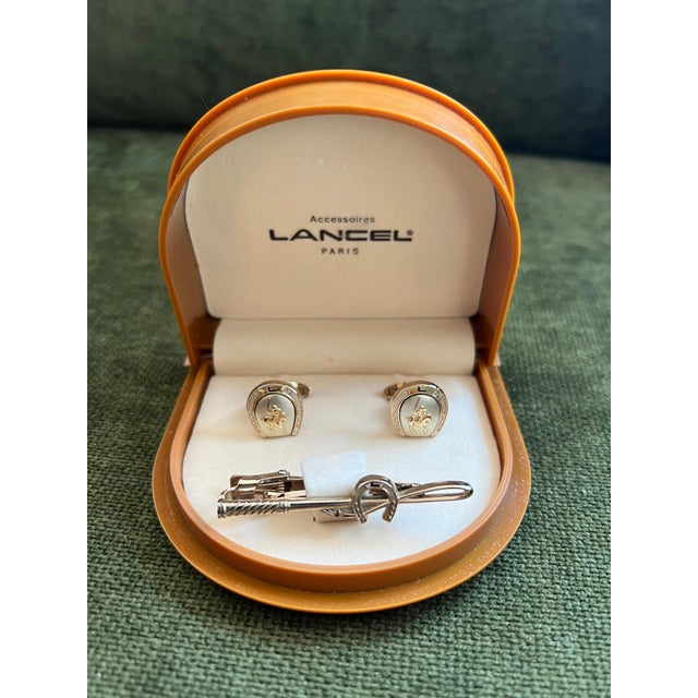 Rare Vintage "Lancel" Paris Gold Plate Steel Cufflinks & Tie Bar Original Case For Sale - Image 10 of 18