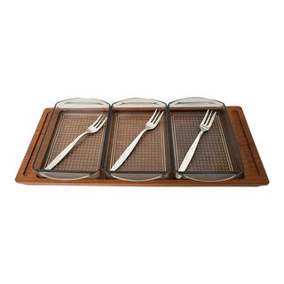 1970s Danish Luthje Condiment Bowls and Teak Tray Set- 7 Pieces For Sale