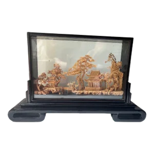 Mid 20th Century Chinese Carving Art Diorama, 3-D Pagoda, Black Lacquer Cork Sculpture