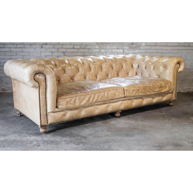 Lovely Restoration Hardware Kensington sofa in a beautiful distressed light tan leather, designed by Timothy Oulton....