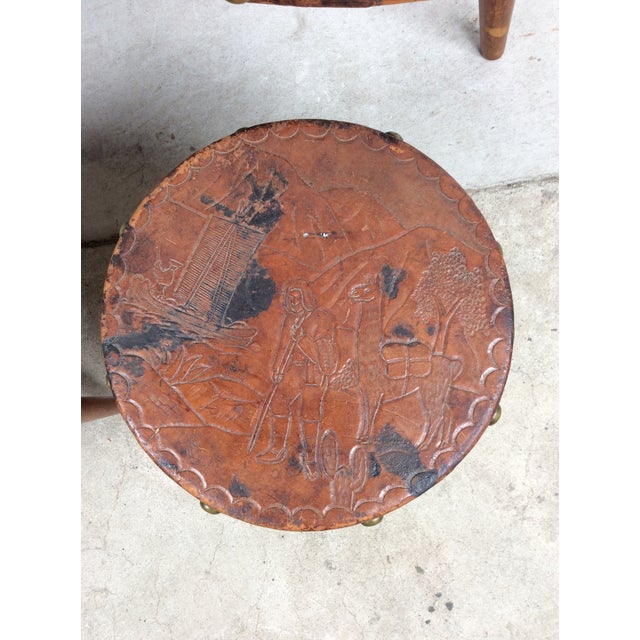 Brown Mid Century Modern Embossed Leather and Teak Coffee Table and Matching Stools For Sale - Image 8 of 18