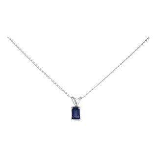14K White Gold 6x4MM Emerald Cut Blue Sapphire Solitaire Pendant Necklace For Sale