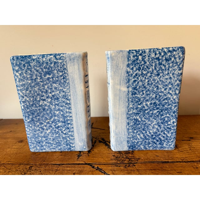 Late 20th Century Pair of Faux Book Themed Book Ends, Blue & White Hand Painted Ceramic, Heavy For Sale - Image 5 of 8