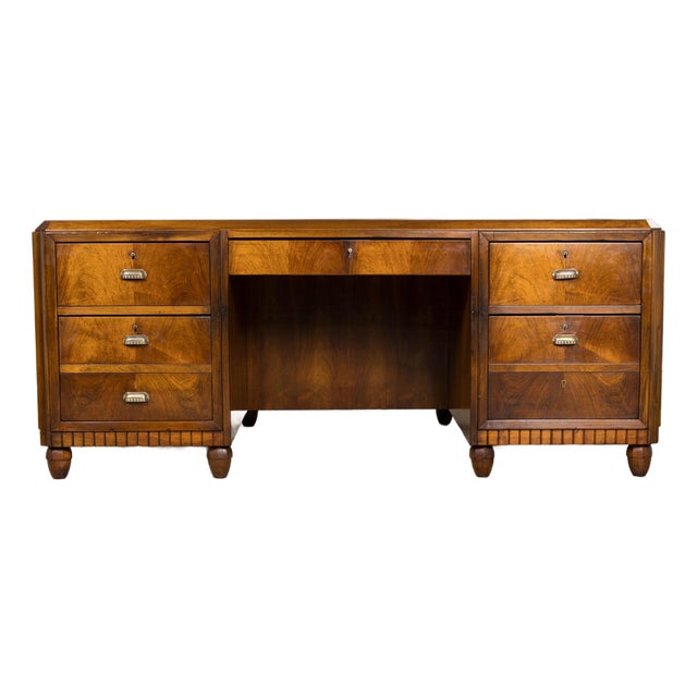 1930s French Art Deco Walnut Partner Desk With Leather Top For Sale