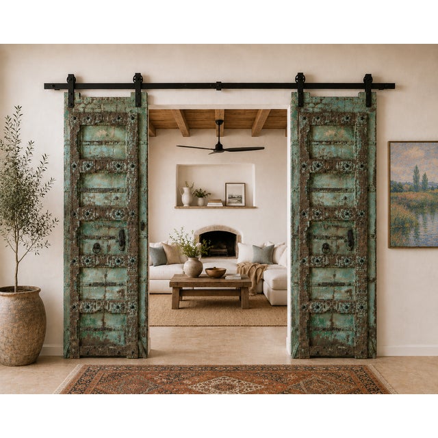 Antique Indian Carved and Painted Teakwood Door, Gujarat, c. 1880–1900, an outstanding antique architectural element with...