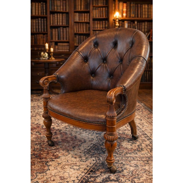 Set of 4 Late 20th Century English Regency Revival Tufted Leather Library Club Chairs With Carved Wood Arms For Sale - Image 4 of 10
