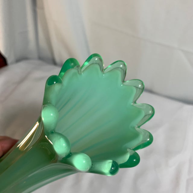 Glass Fostoria Vintage Mid-Century Green Opalescent Ribbed Swung Glass Vase 10” For Sale - Image 7 of 7