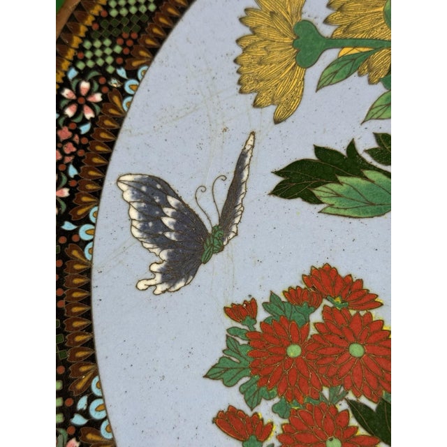 Japanese Cloisonne Enamel Plate With Chrysanthemums Butterflies Lavender Ground For Sale - Image 9 of 17