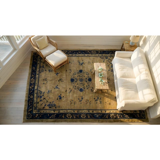 Camel 1920s Tan Camel Floral Medallion Antique Chinese Peking Rug 9' X 12' 5" Handknotted Wool Carpet For Sale - Image 8 of 9