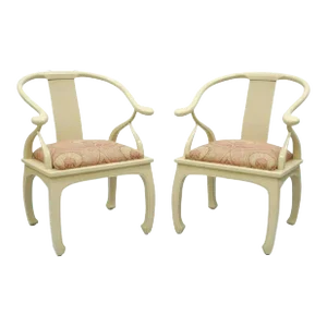 Late 20th Century Vintage Horseshoe Ming Style Cream Lacquered Lounge Chairs - a Pair