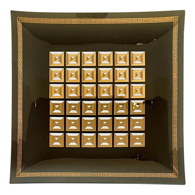 Art Deco Smoky Glass and Gold Geometric Glass Tray Trinket Dish For Sale