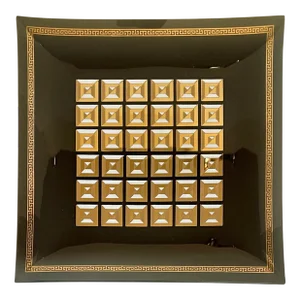 Art Deco Smoky Glass and Gold Geometric Glass Tray Trinket Dish