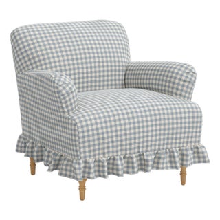Elle Ruffle Slipcover Armchair in Classic Gingham Chambray For Sale