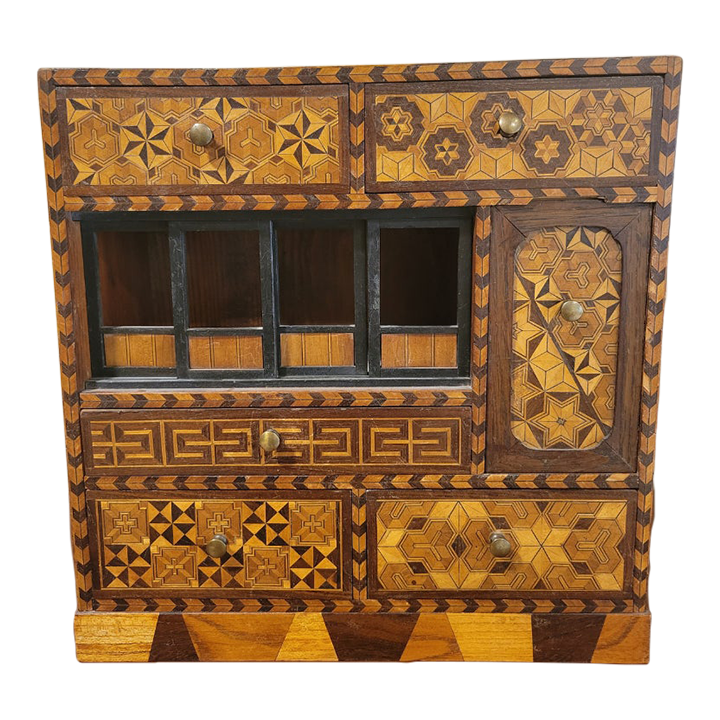 Antique Japanese Parquetry Inlaid Wood Tansu Cabinet Yosegi