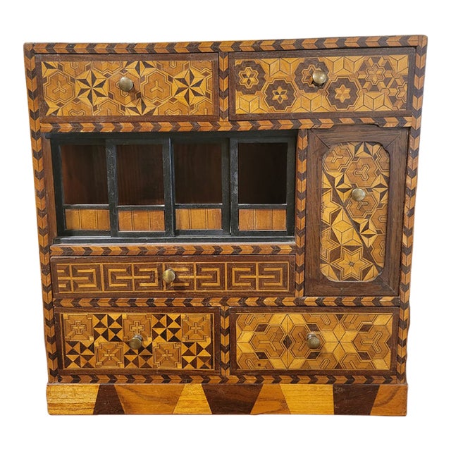 Antique Japanese Parquetry Inlaid Wood Tansu Cabinet Yosegi Zaiku MarquetryJapanese Marquetry For Sale