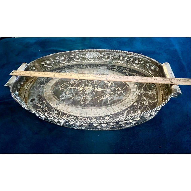 1940s Silver Plate Large 28”x14” Mid-20th Century Victorian Style Serving Platter Buttler Tray. Entertain in Grand Style. Jo For Sale - Image 5 of 6