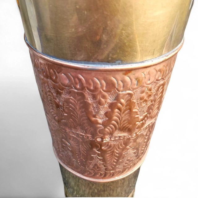 Antique Brass & Copper Repoussé Umbrella Stand – Early 20th C. Hand‑Hammered Stick Holder For Sale - Image 14 of 14