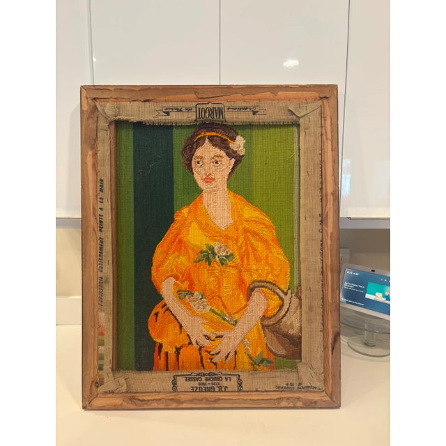 Vintage Framed Needlepoint Portrait Of Woman In Golden Dress This is from my personal collection – time to let someone...