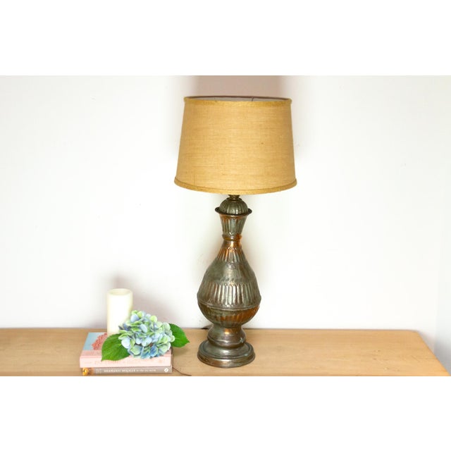 Metal Timeworn Antique Copper Lamp W/Silvered Patina For Sale - Image 7 of 7