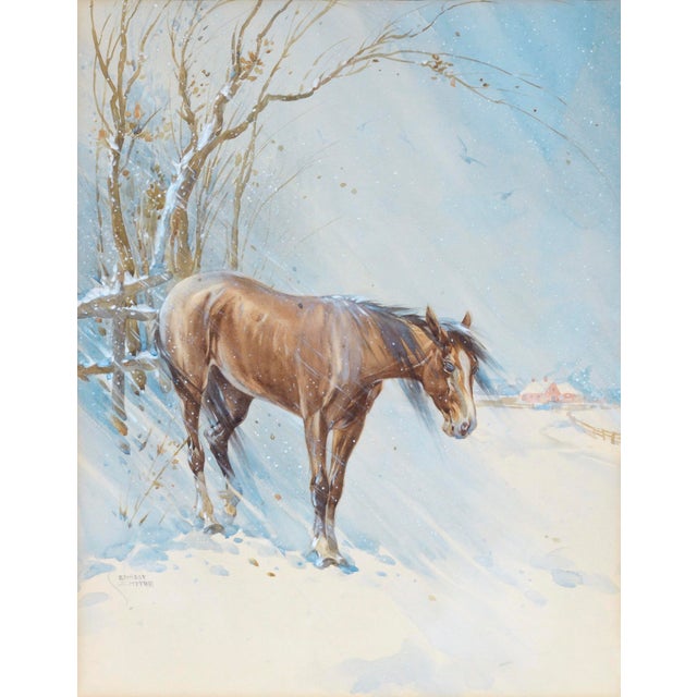 Charming mid century watercolor painting of a horse in winter with a barn in the background by Ernest Smythe...