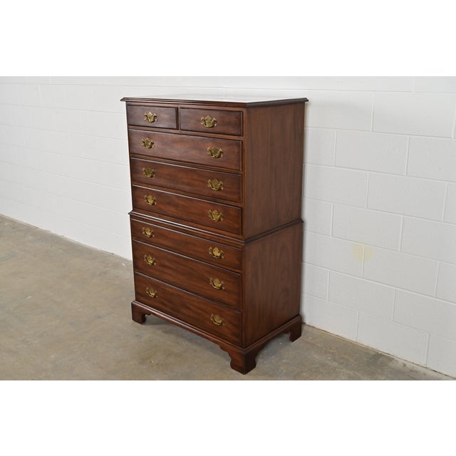 American Henkel Harris Georgian Solid Mahogany Eight-Drawer Highboy Dresser, 1960s For Sale - Image 3 of 12