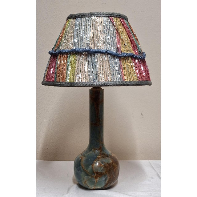Table Lamp with Blue-Brown Marble Base and Handmade Fabric Shade, 1970s, in Very Good conditions. Designed 1970 to 1979...