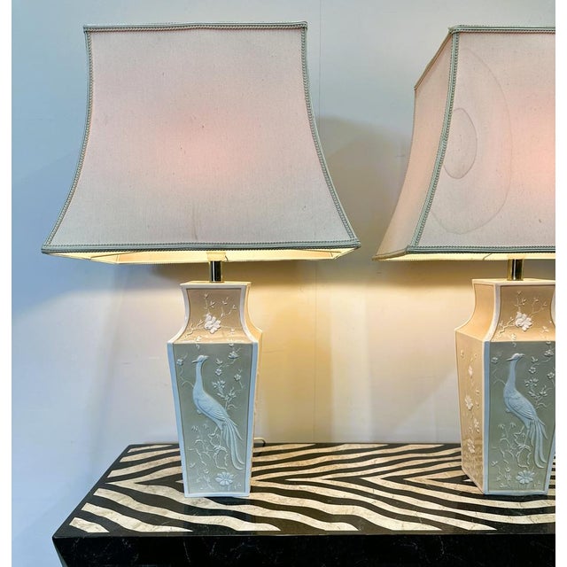 Large Cream Ceramic Table Lamps with Relief Peacocks and Fabric Shades, Set of 2 For Sale - Image 9 of 16
