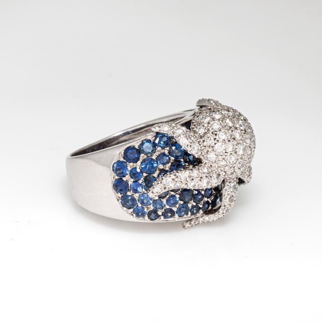 Mid 20th Century Octopus Ring Diamond Sapphire 18k White Gold Sz 7.5 Band Estate Ocean Jewelry For Sale - Image 4 of 6