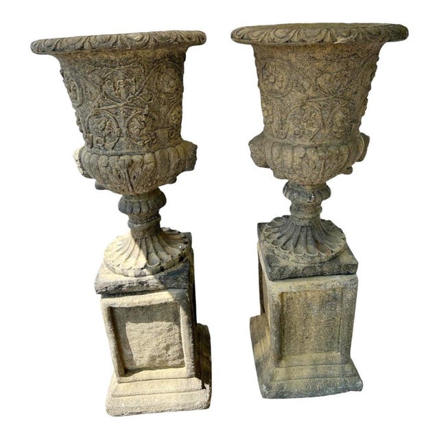Gray Italian Renaissance Stone Campana Garden Urns, Set of 2 For Sale - Image 8 of 10