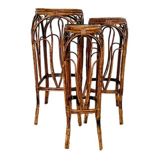 Elegant Vintage Scorched / Tortoise Shell Bamboo Graduated Plants Stands / Pedestals, Set of 3 For Sale