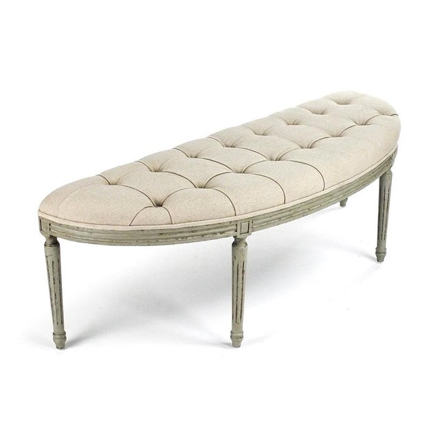 French Country Louis Demilune Curve Tufted Bench - Linen Cotton / Sage Gray Painted Frame For Sale - Image 3 of 3