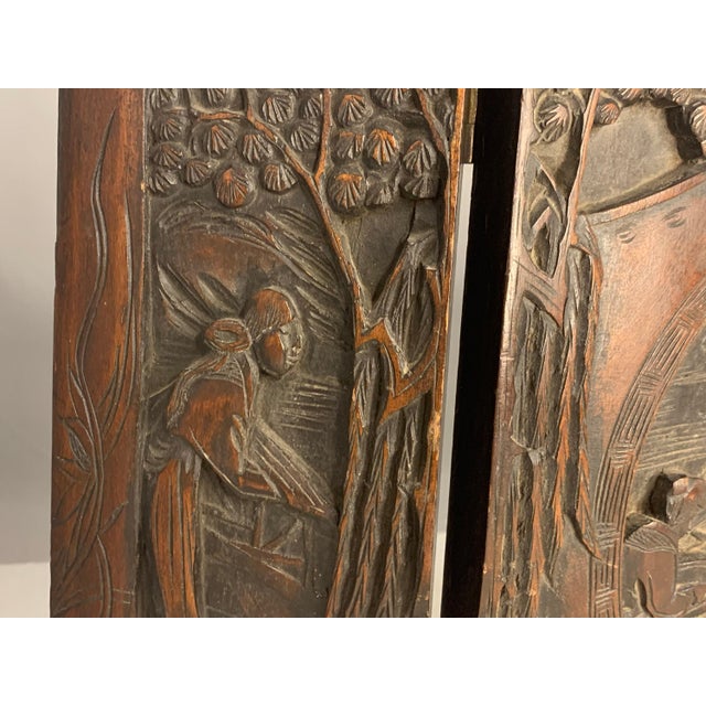 Chinese Antique Carved Chinese Table Screen: Figural Garden Scene For Sale - Image 3 of 9